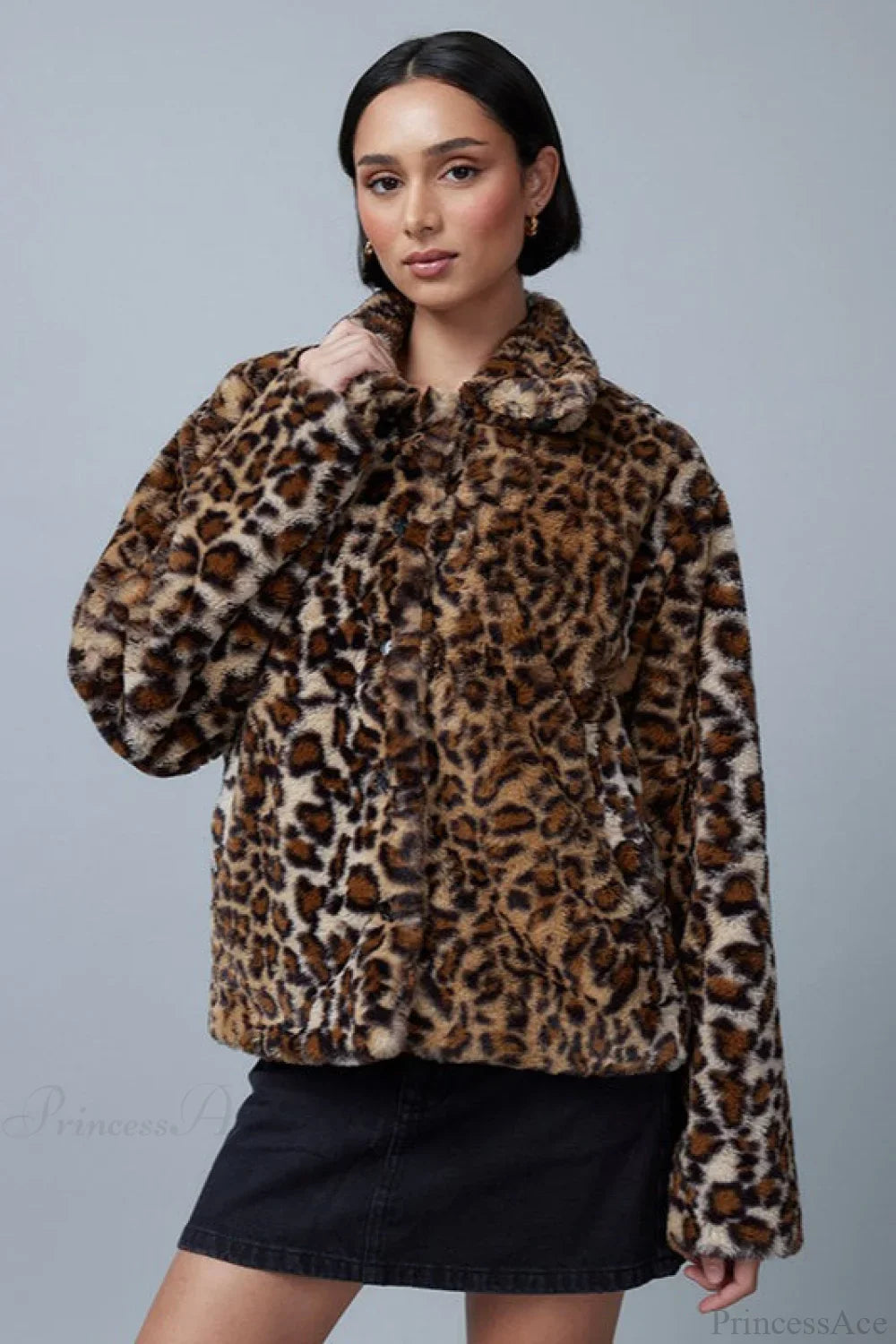 Leopard Print Faux Fur Collar Vintage Coat