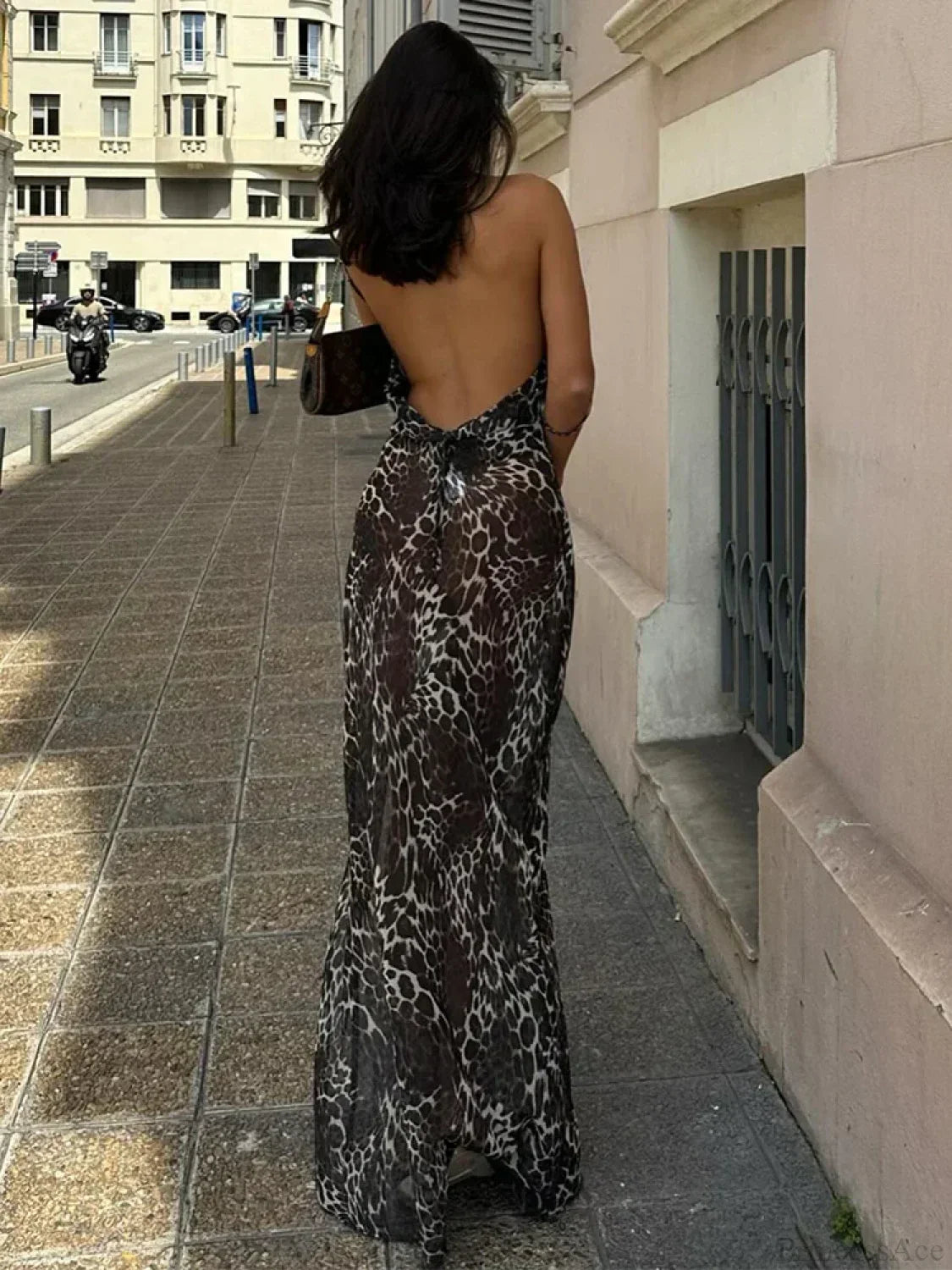 Leopard Print Mesh Slim Vacation Dress