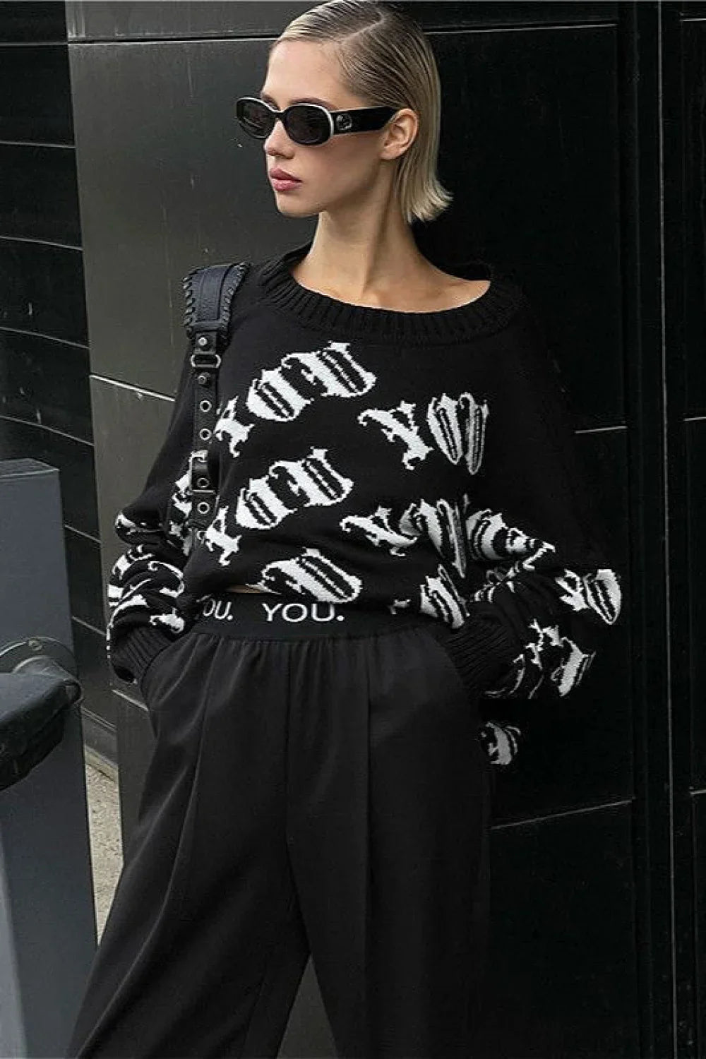 Letter Color Block Long Sleeve Knit Sweater