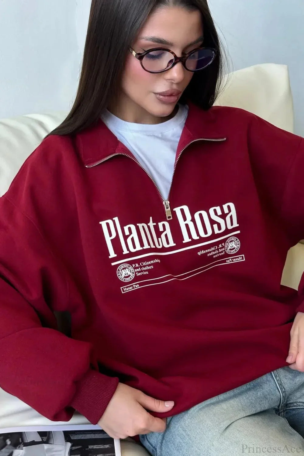 Letter Print Relaxed Convertible Collar Half-Zip Sweatshirt