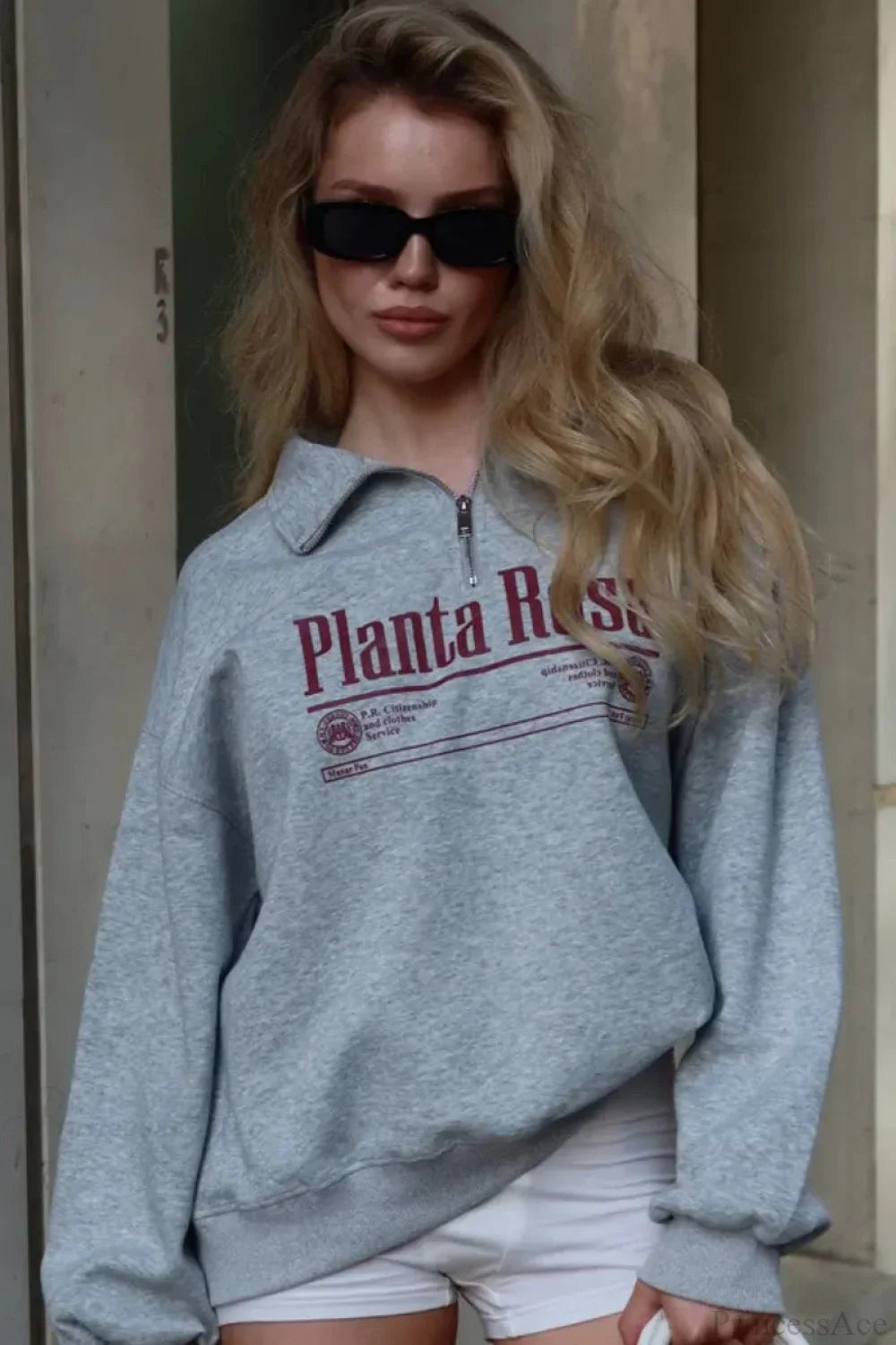 Letter Print Relaxed Convertible Collar Half-Zip Sweatshirt