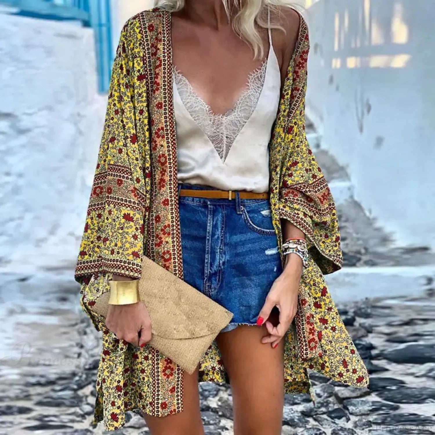 Long Sleeve Bohemian Floral Beach Cover Up