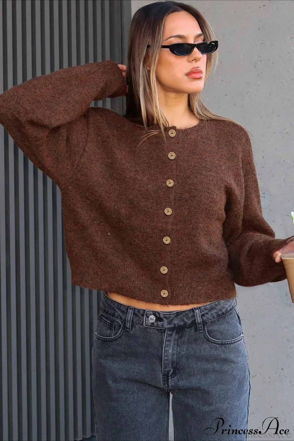 Long Sleeve Button Loose Crew Neck Knit Cardigan