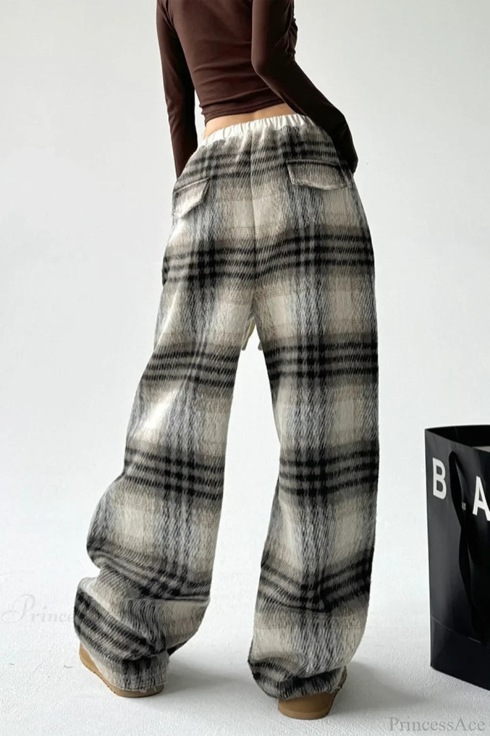 Loose Fit Woolen Plaid Wide Leg Pants