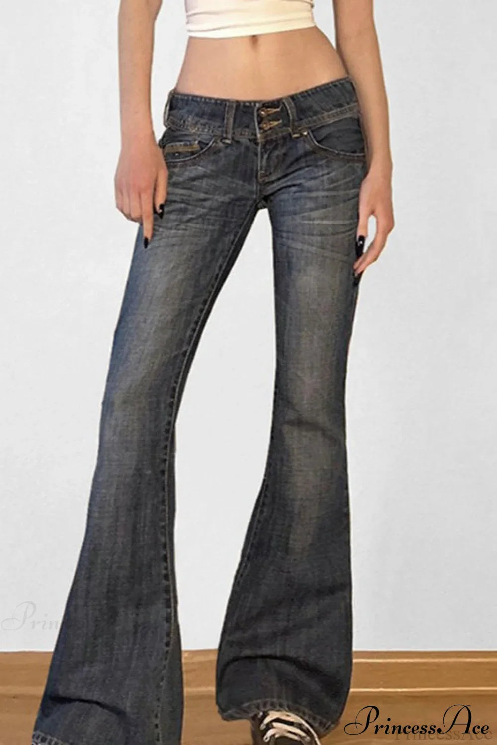 Low Waisted Washed Slim Flared Leg Jeans