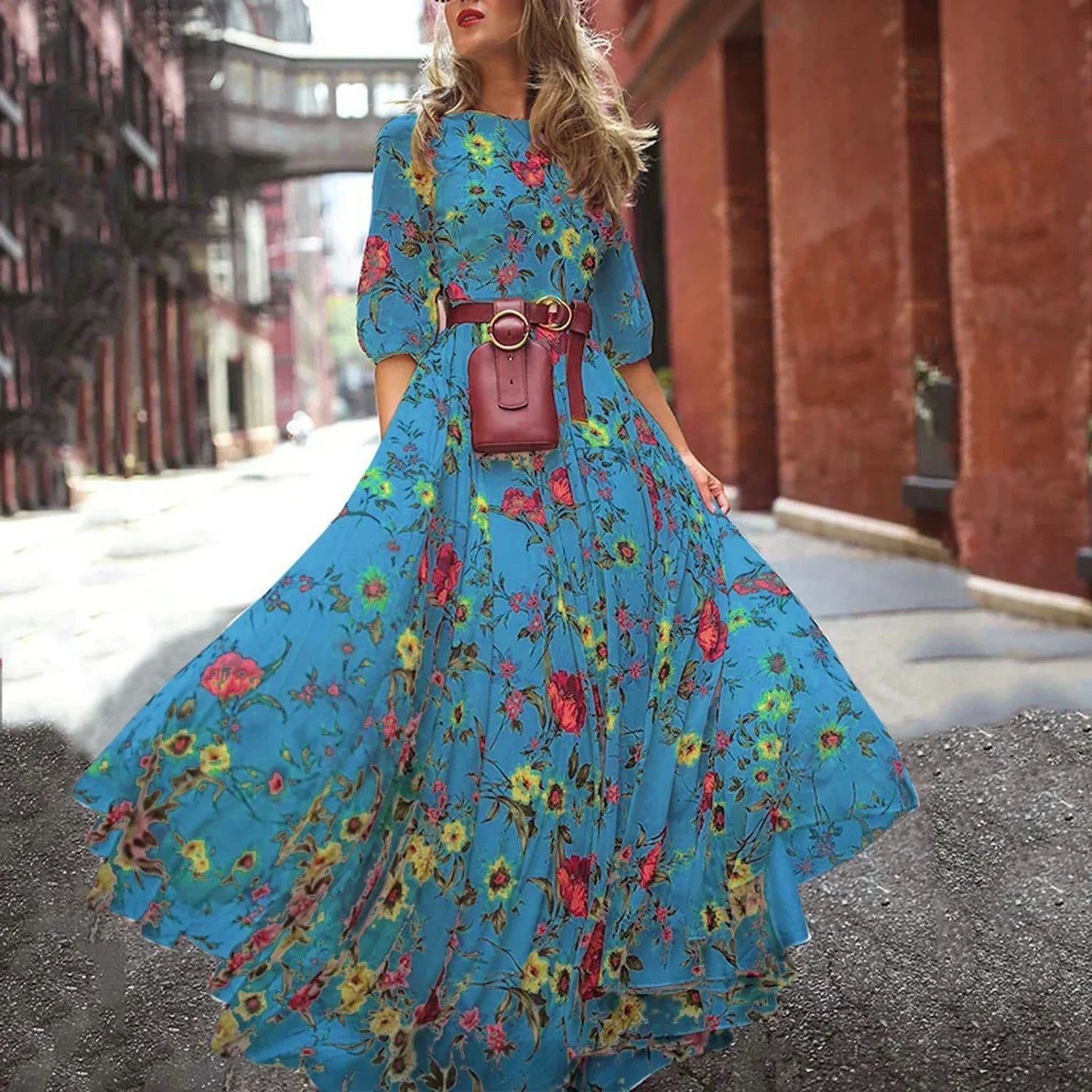 Maxikleid mit Blumenmuster, plissiert, schwingend, Abendkleid