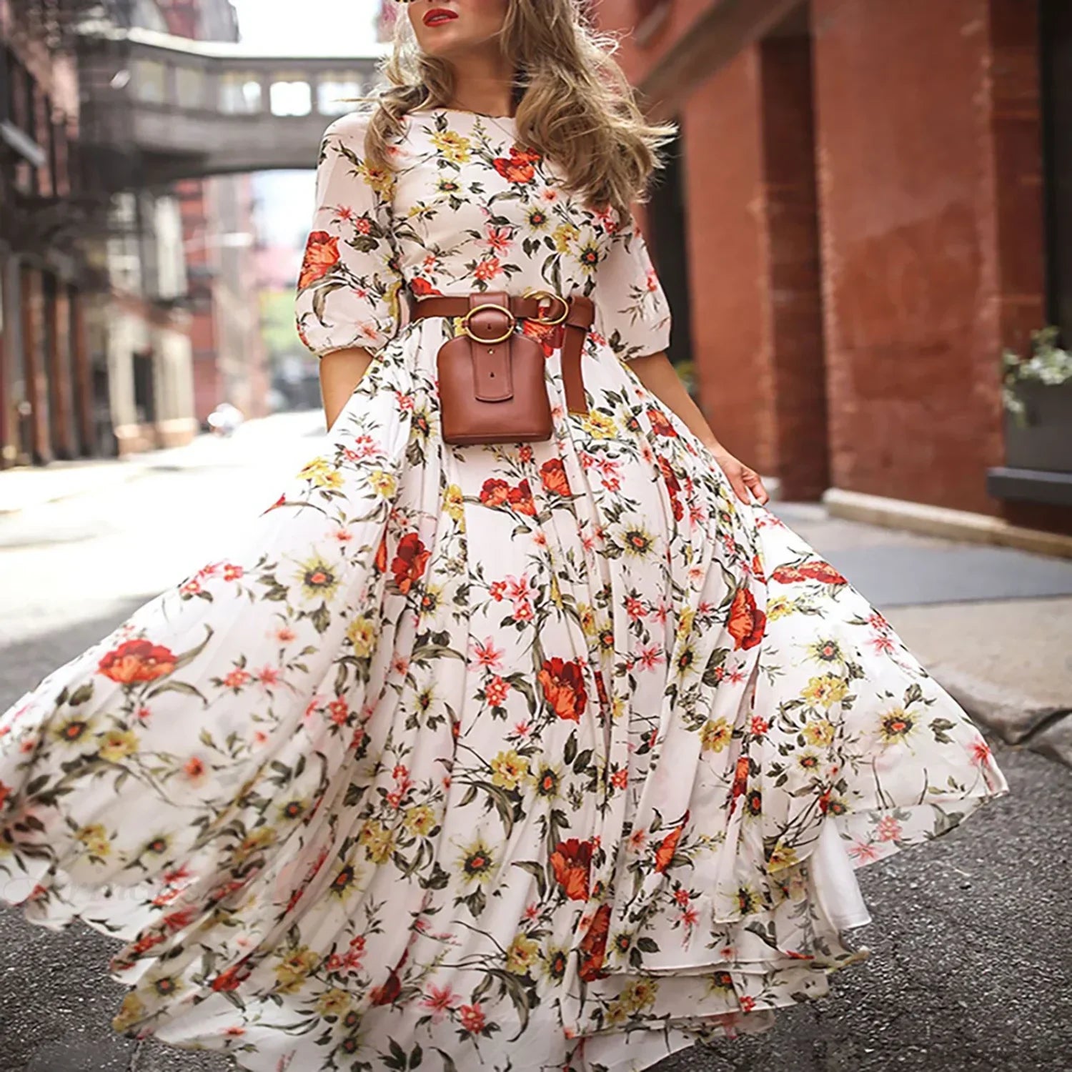 Maxikleid mit Blumenmuster, plissiert, schwingend, Abendkleid