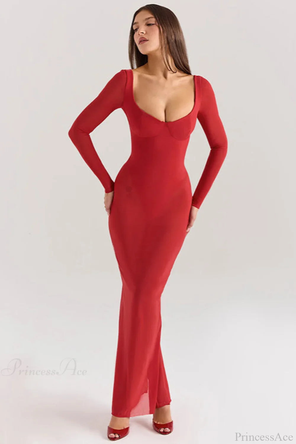 Mesh Long Sleeve Fitted Elegant Maxi Dress