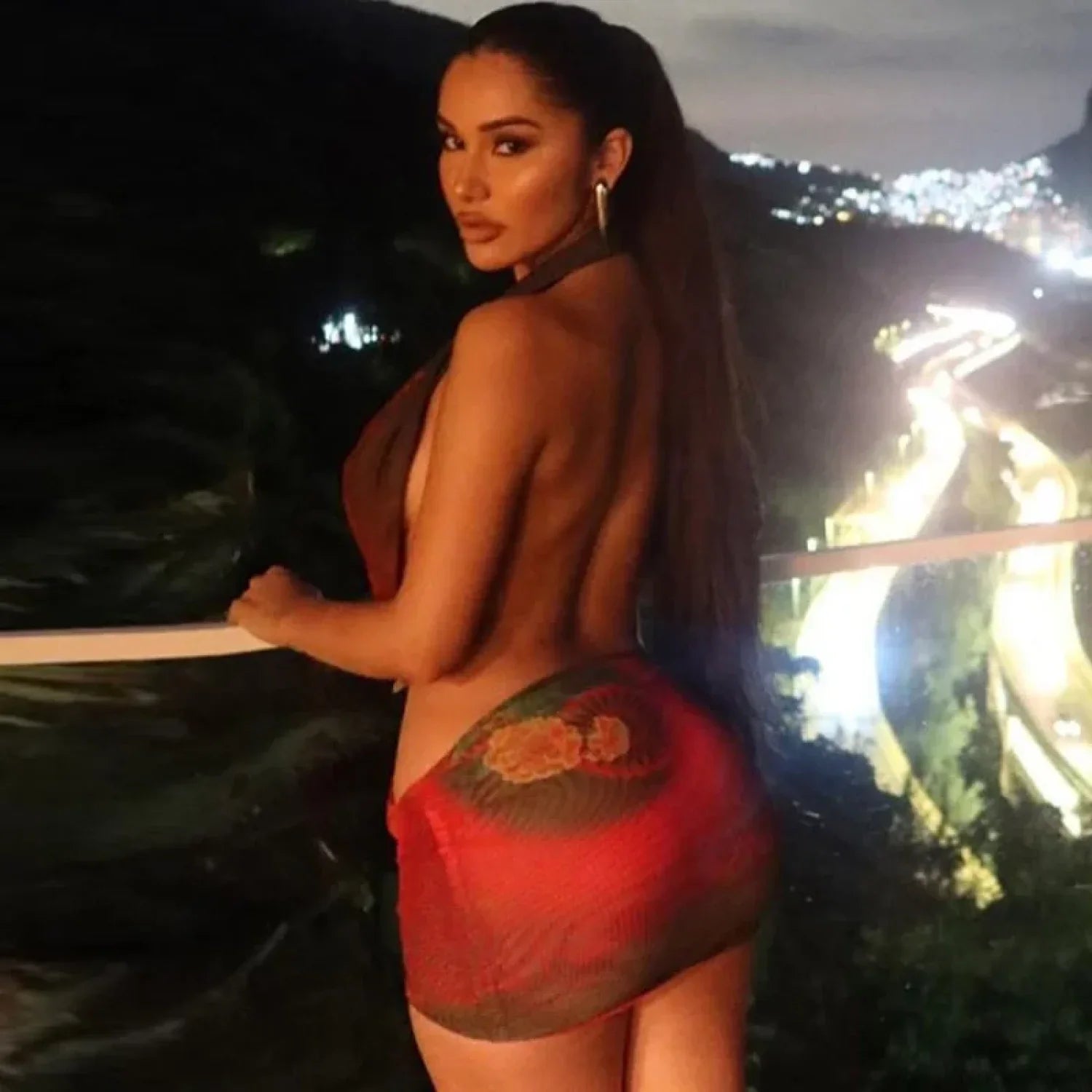 Mesh Print Halter Deep V Neck Vacation Dress