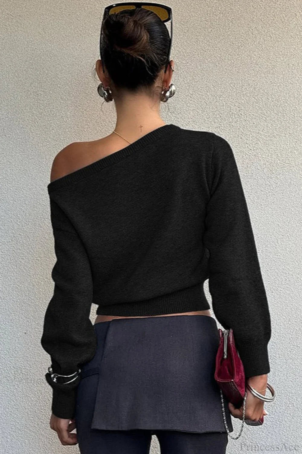 Minimalist Slim Asymmetrical Neck Long Sleeve Blouse