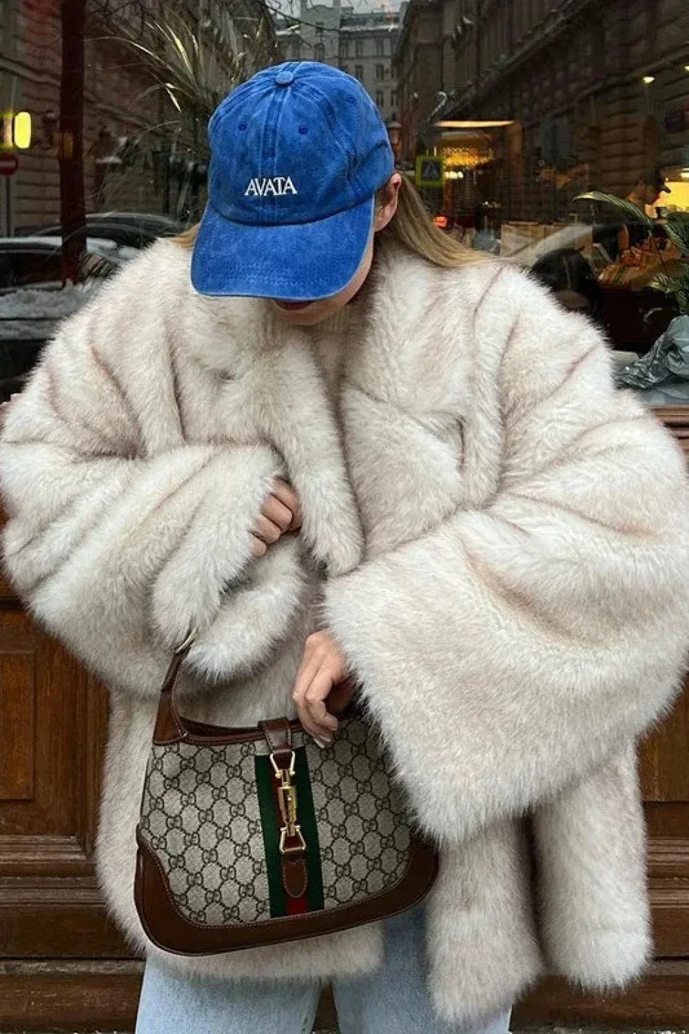 Minimalist Solid Color Plush Tip-Dyed Faux Fox Fur Oversized Coat