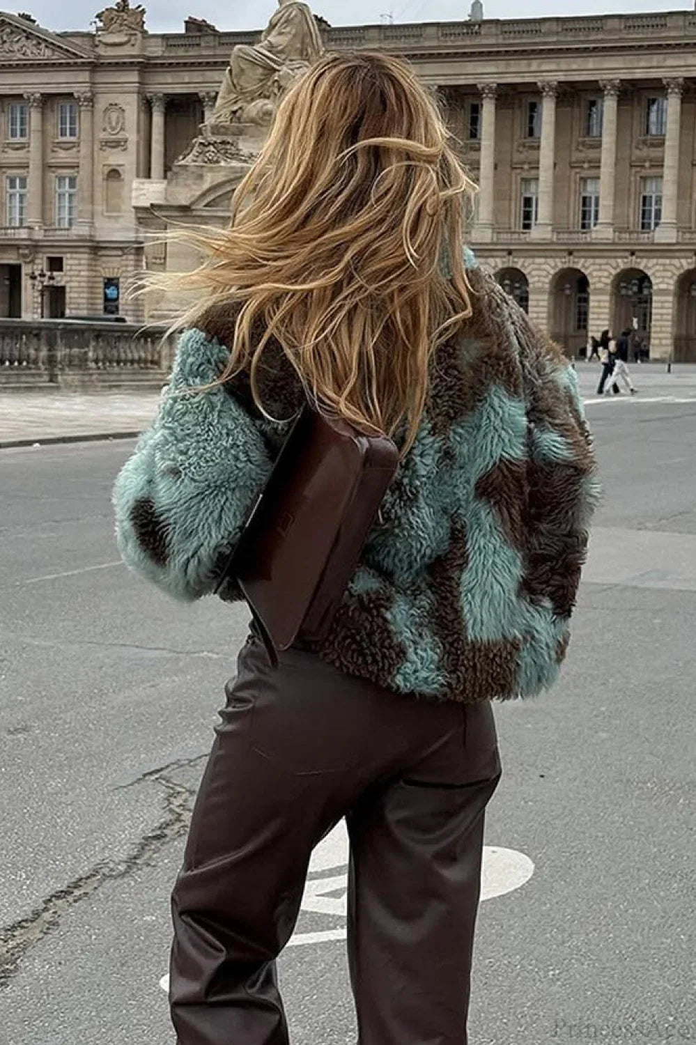 Mixed Color Printed Long Sleeve Cropped Faux Fur Coat