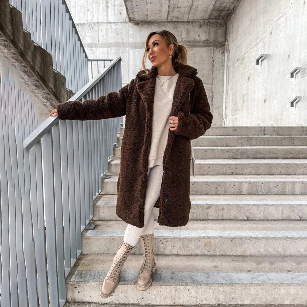 Manteau teddy long col revère Femme