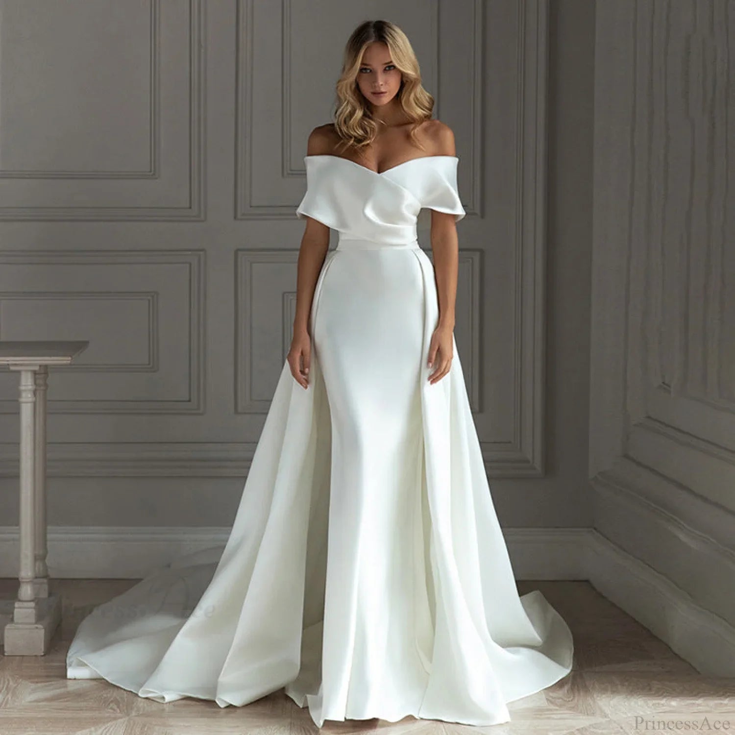 Off-Shoulder Satin Tail Wedding Dress
