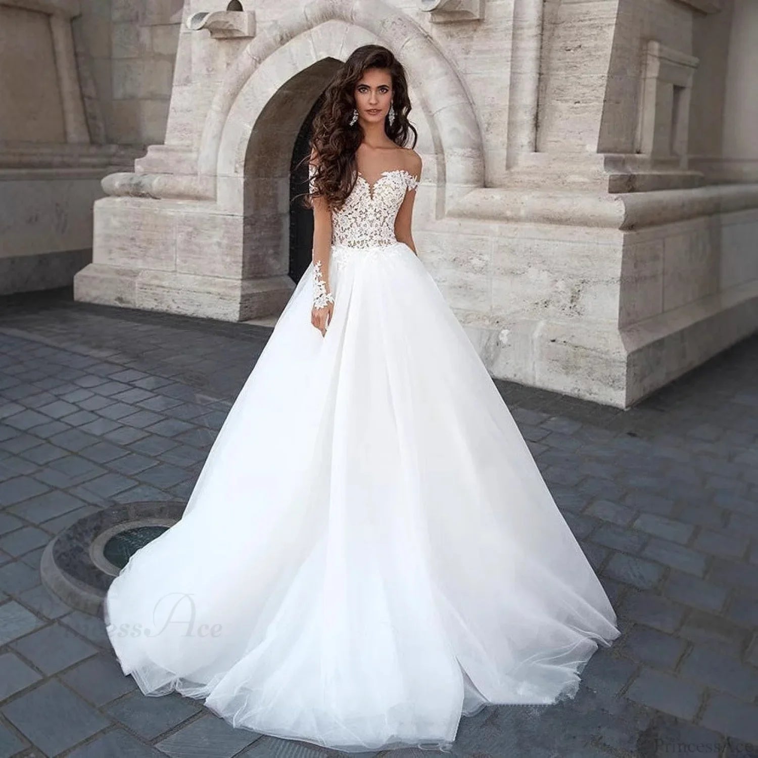 Off-Shoulder V-Neck Sheer Wedding Dress