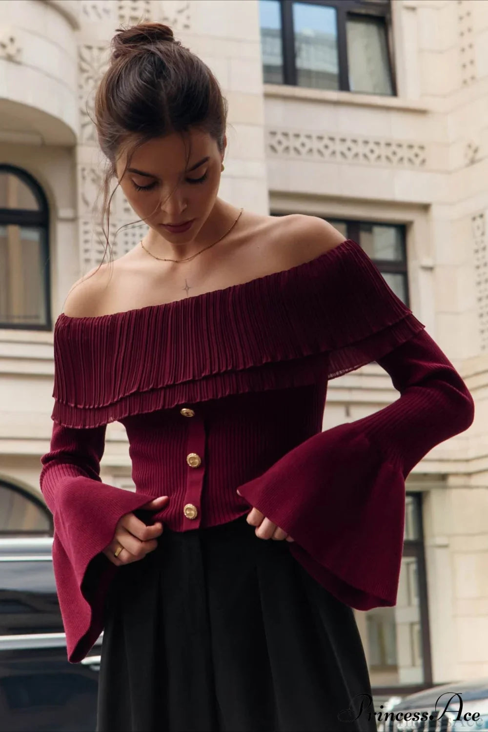 Off-the-Shoulder French Button-Panel Knit Sweater