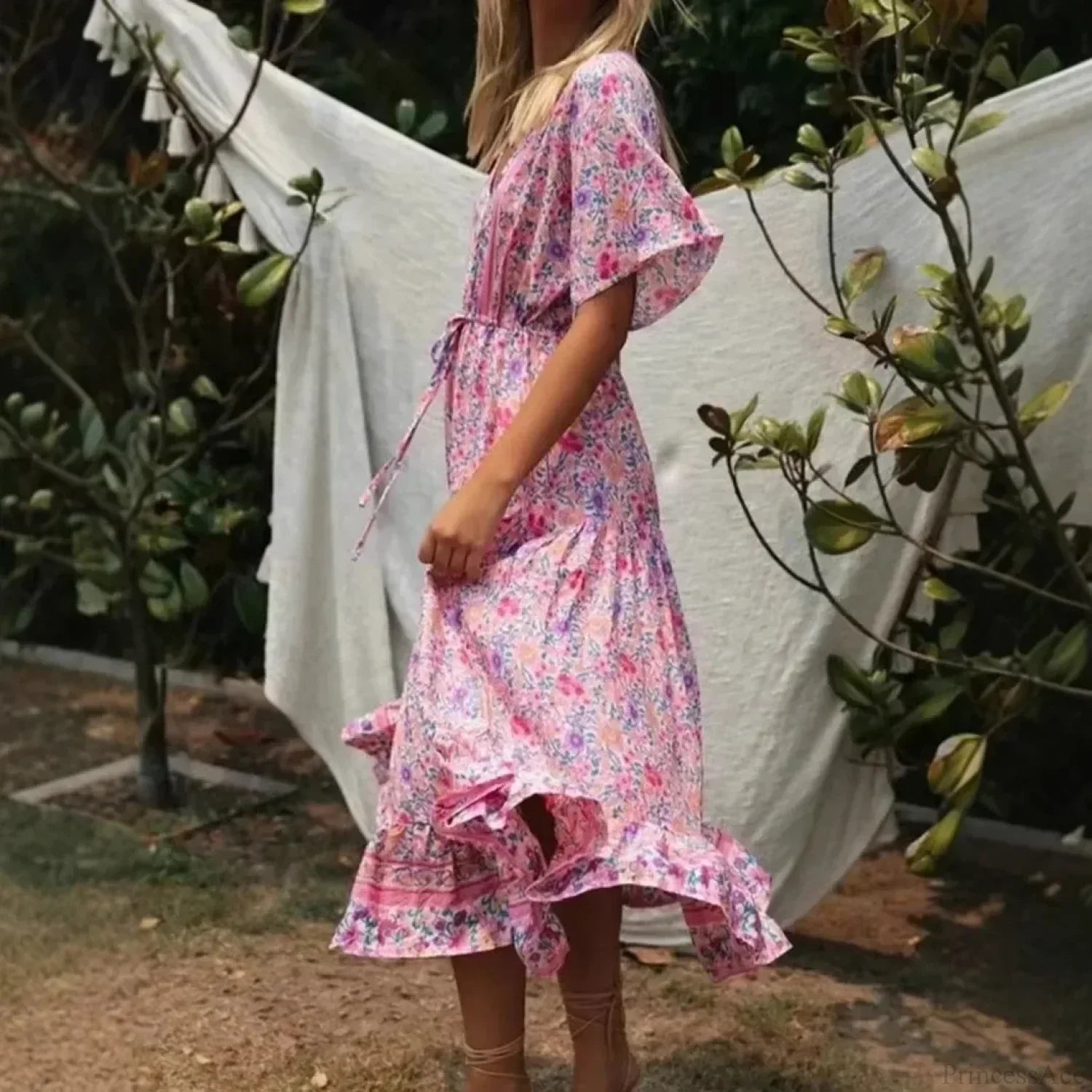 Pink Floral Print V-neck Tassel Rayon Vacation Maxi Boho Dress