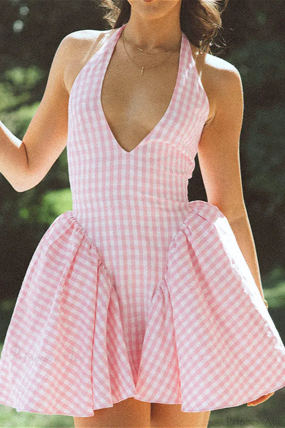 Plaid Color Block Halter Deep V Ruched Mini Dress