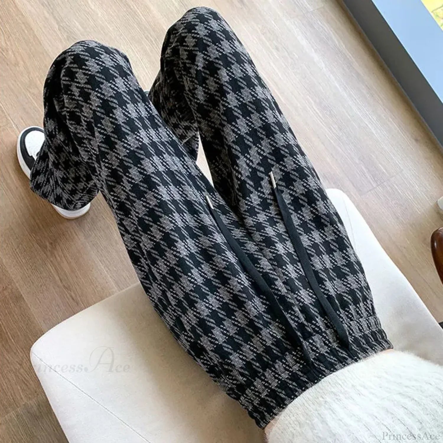 Plaid Drawstring Casual Wide Leg Pants