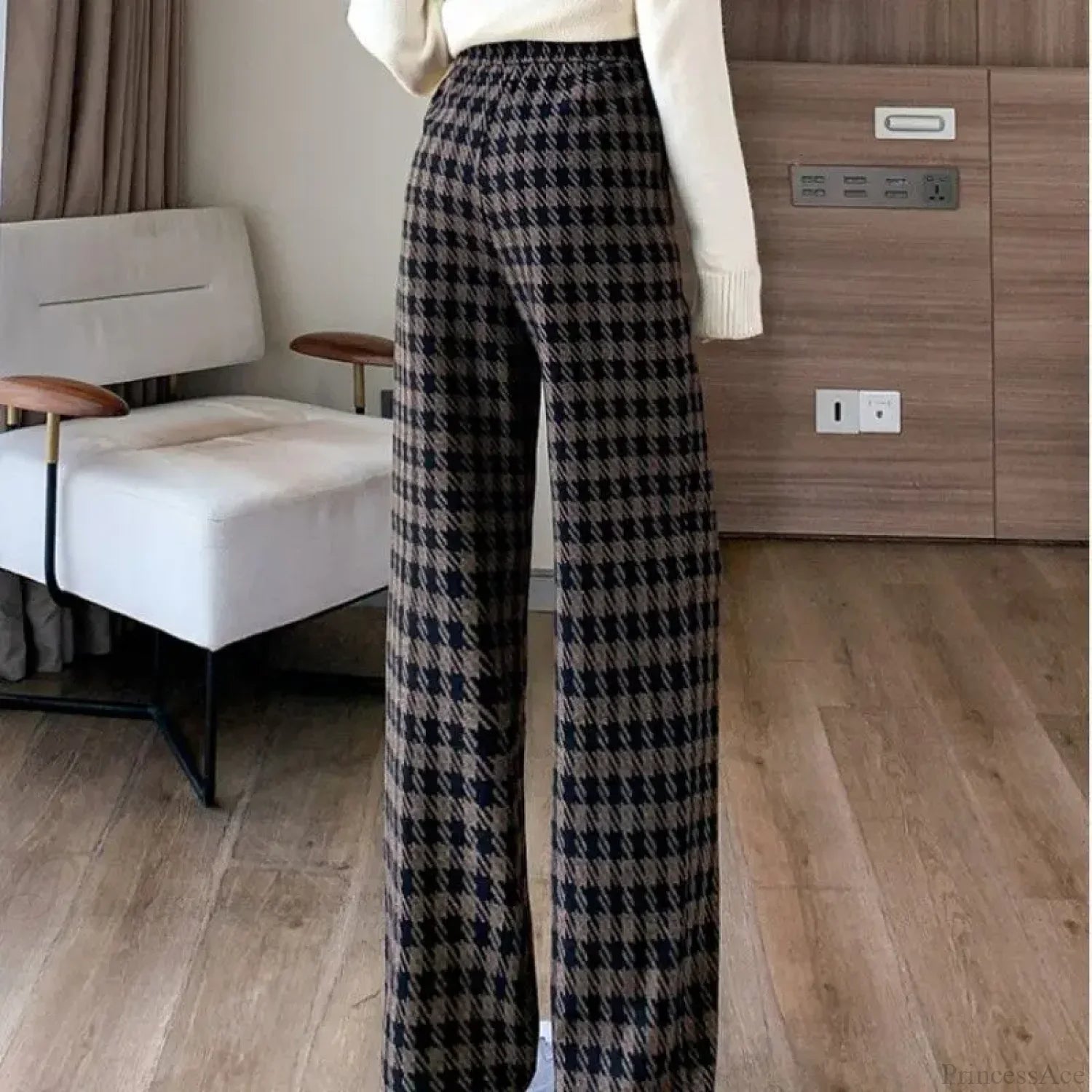 Plaid Drawstring Casual Wide Leg Pants