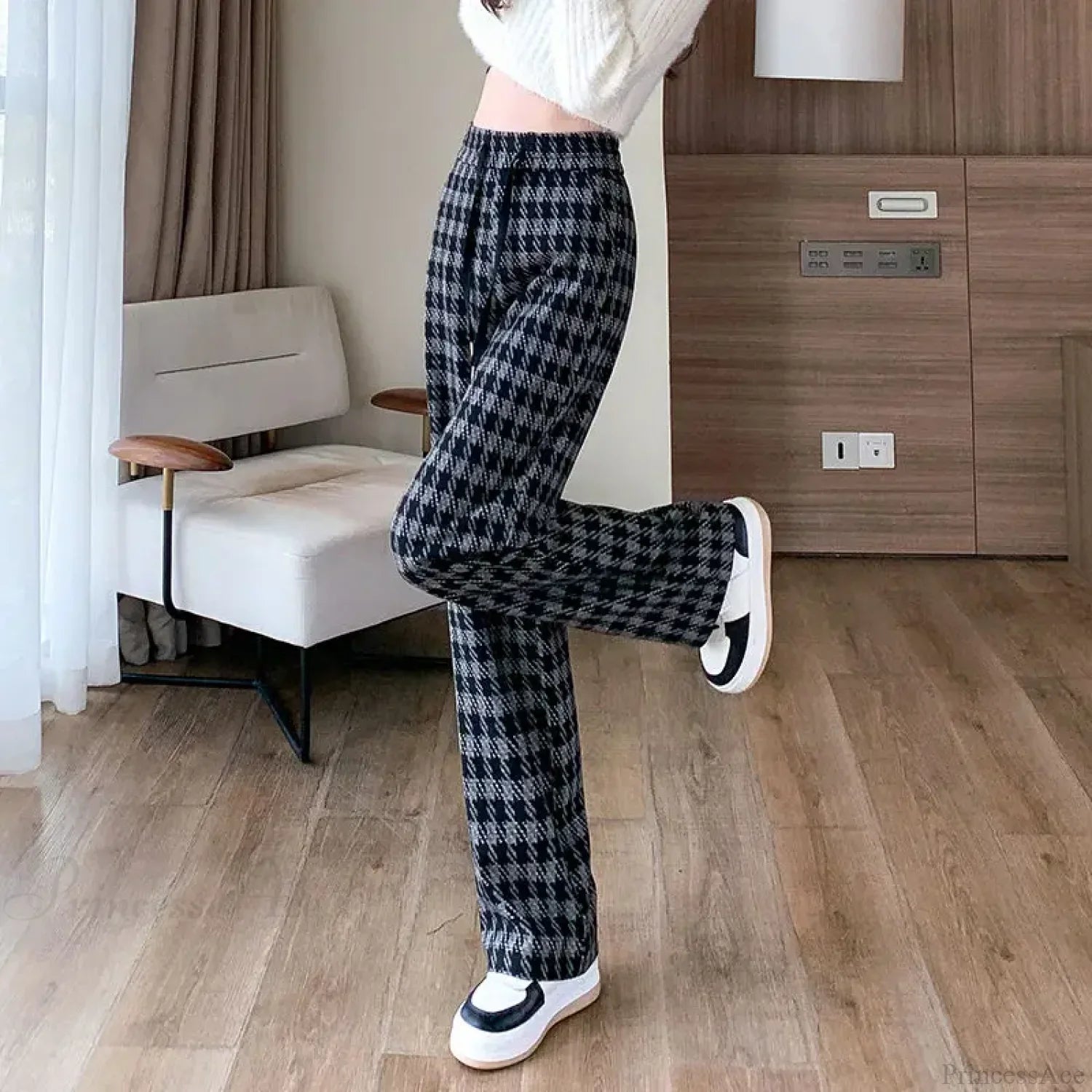 Plaid Drawstring Casual Wide Leg Pants