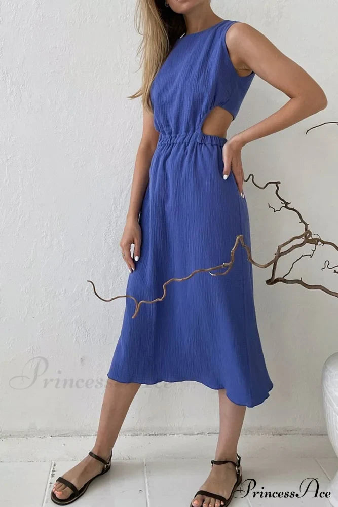 Pleated Tank Dress with Single-breasted Closure and Bare Waist