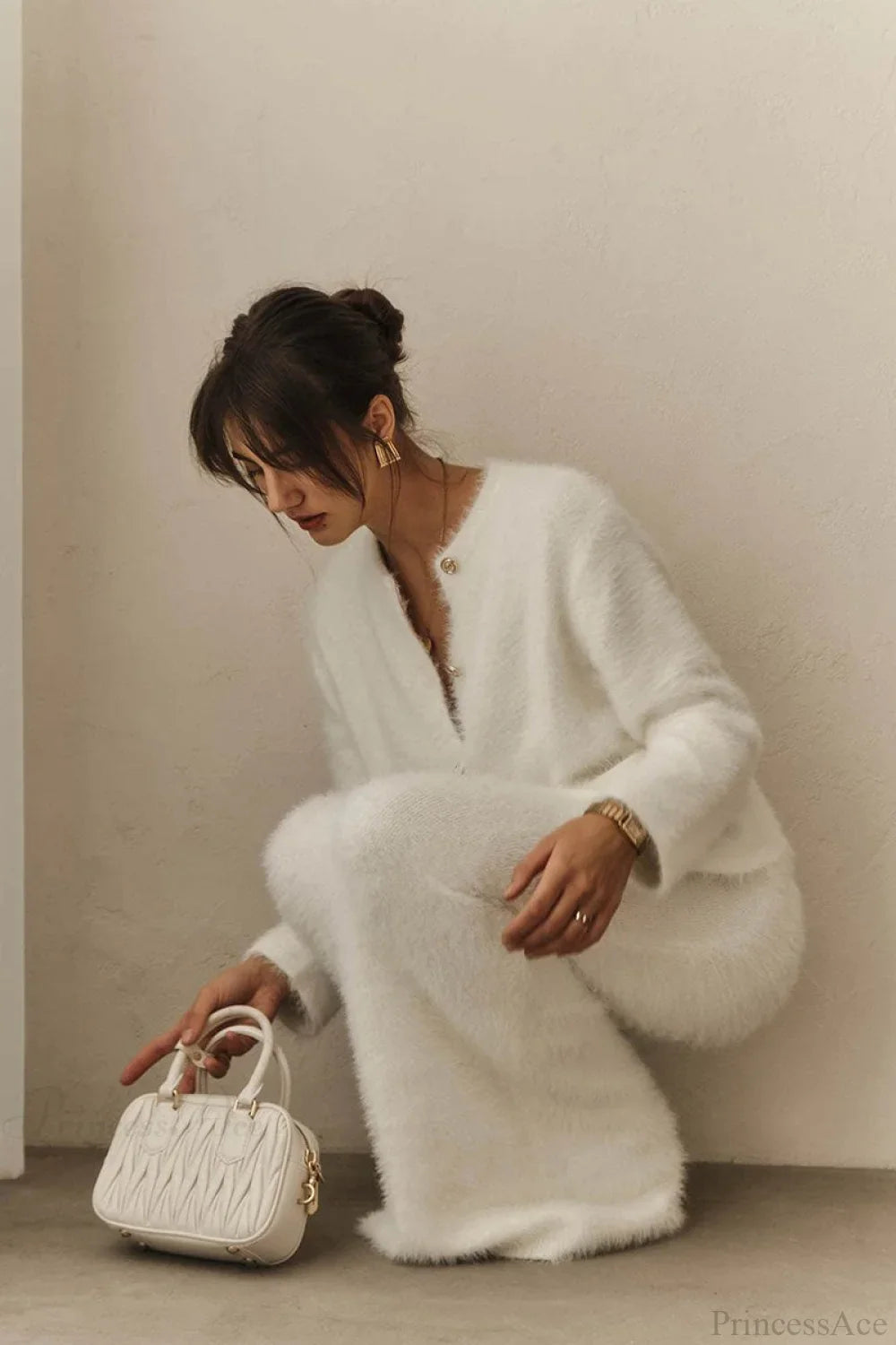 Ensemble deux pièces en peluche à manches longues, boutonné devant, ouvert