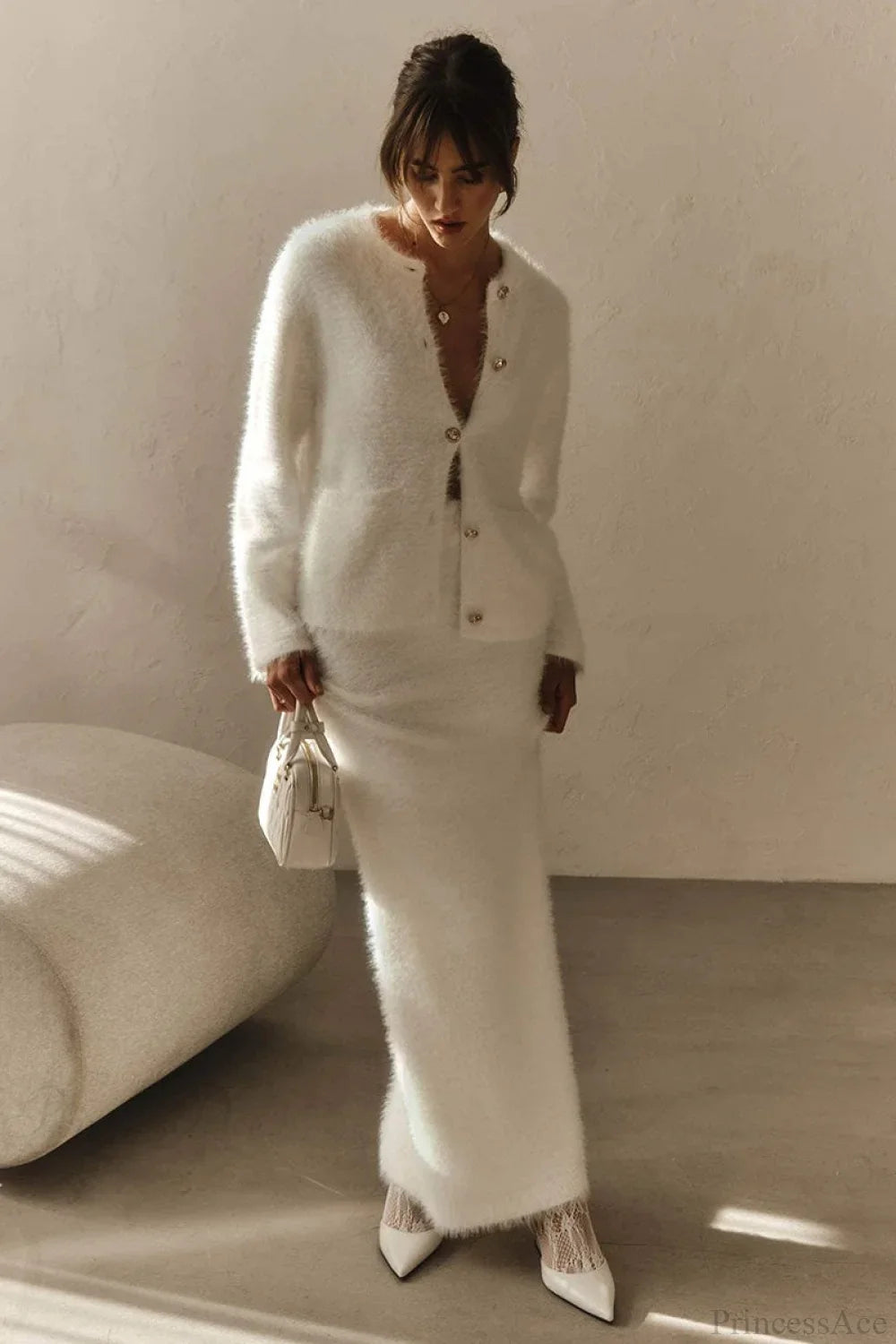 Ensemble deux pièces en peluche à manches longues, boutonné devant, ouvert