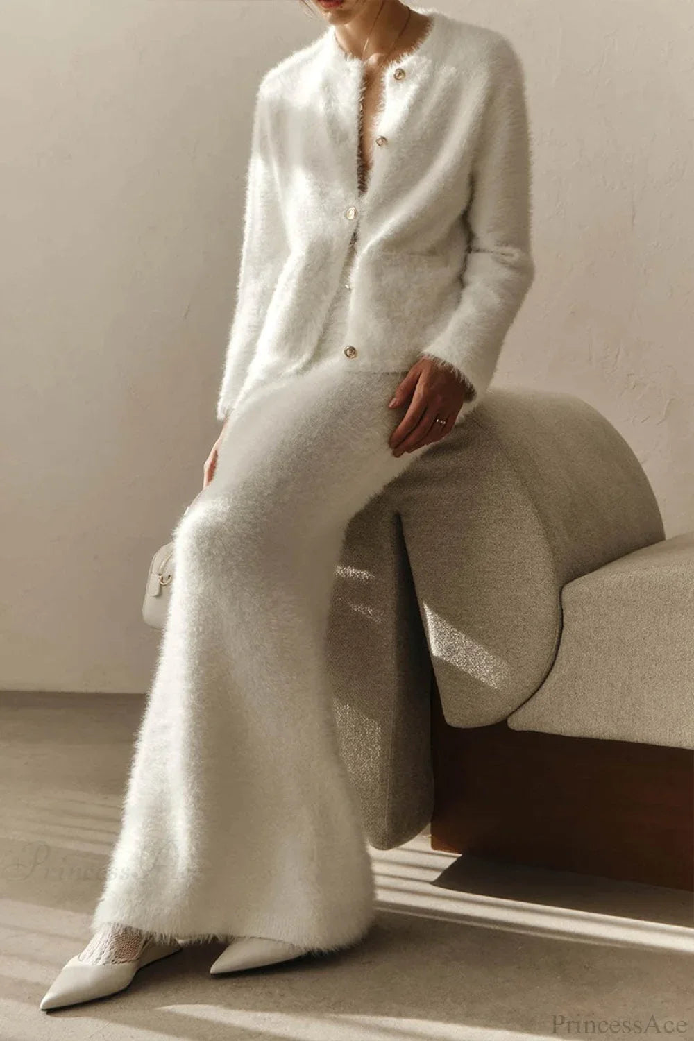 Plush Long Sleeve Single Breasted Open Front Two Piece Set