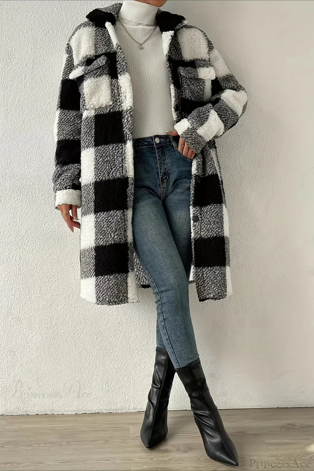 Plush Plaid Button Front Wide Lapel Relaxed Overcoat