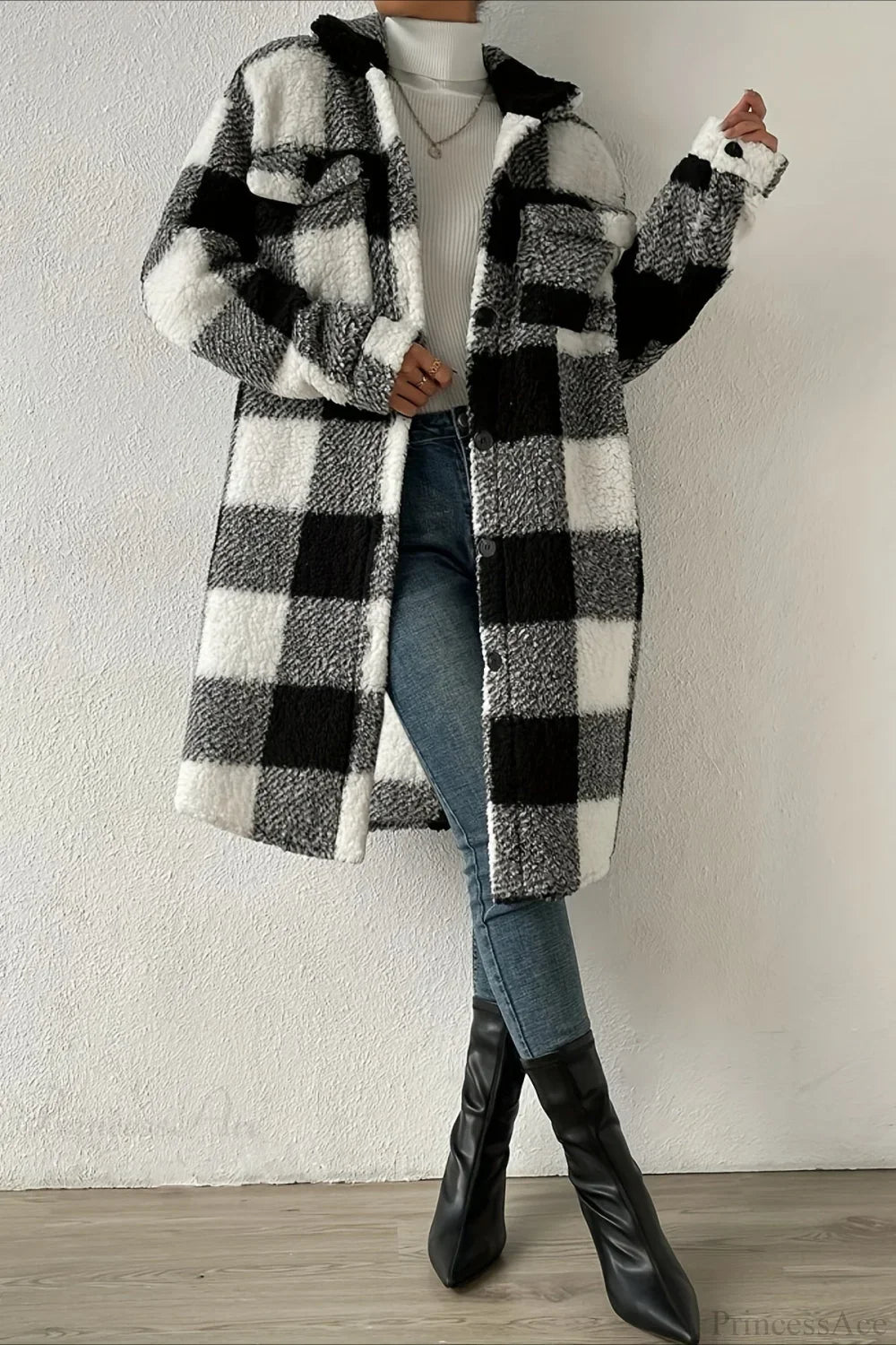 Plush Plaid Button Front Wide Lapel Relaxed Overcoat