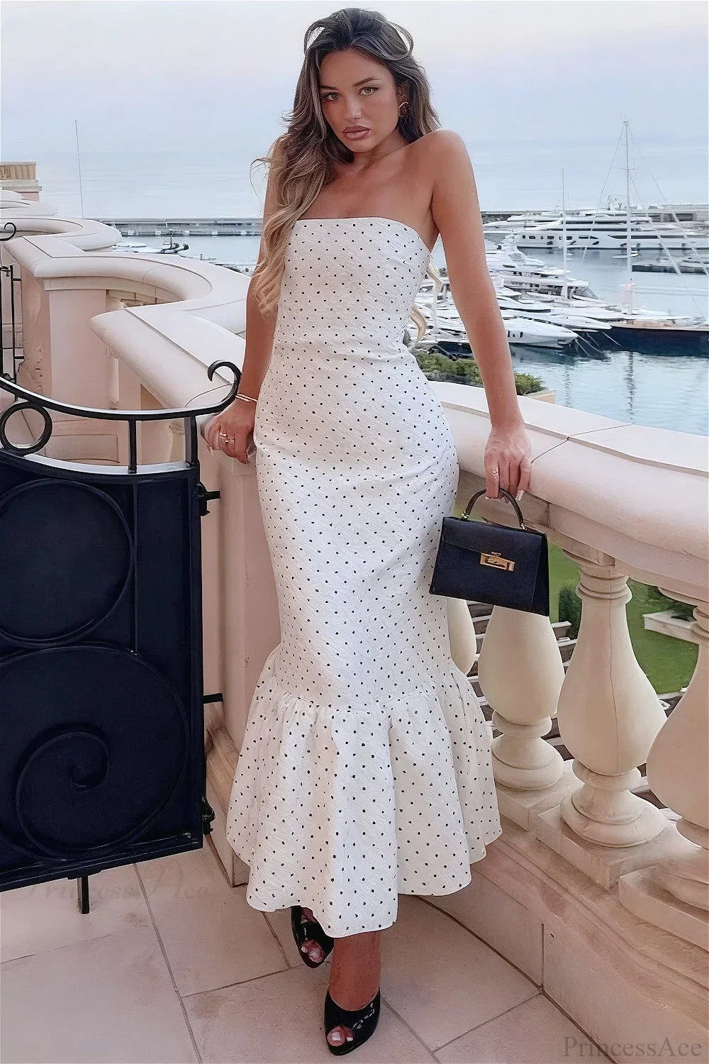 Maxikleid mit Tupfenmuster, schulterfrei und trägerlos