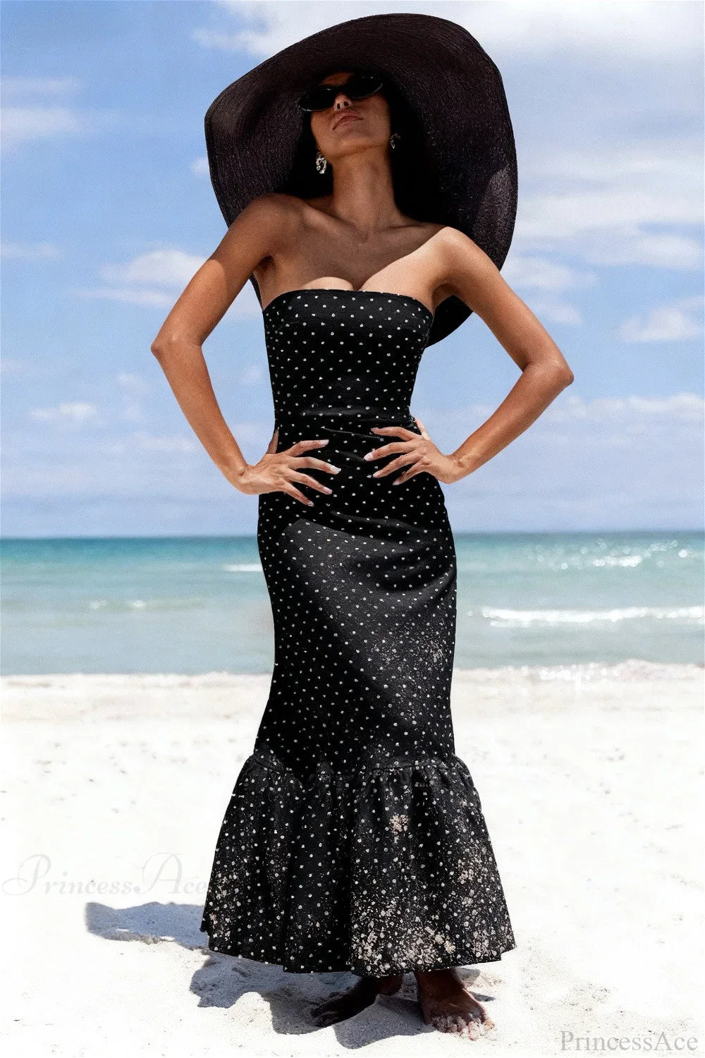 Polka Dot Off Shoulder Strapless Maxi Dress