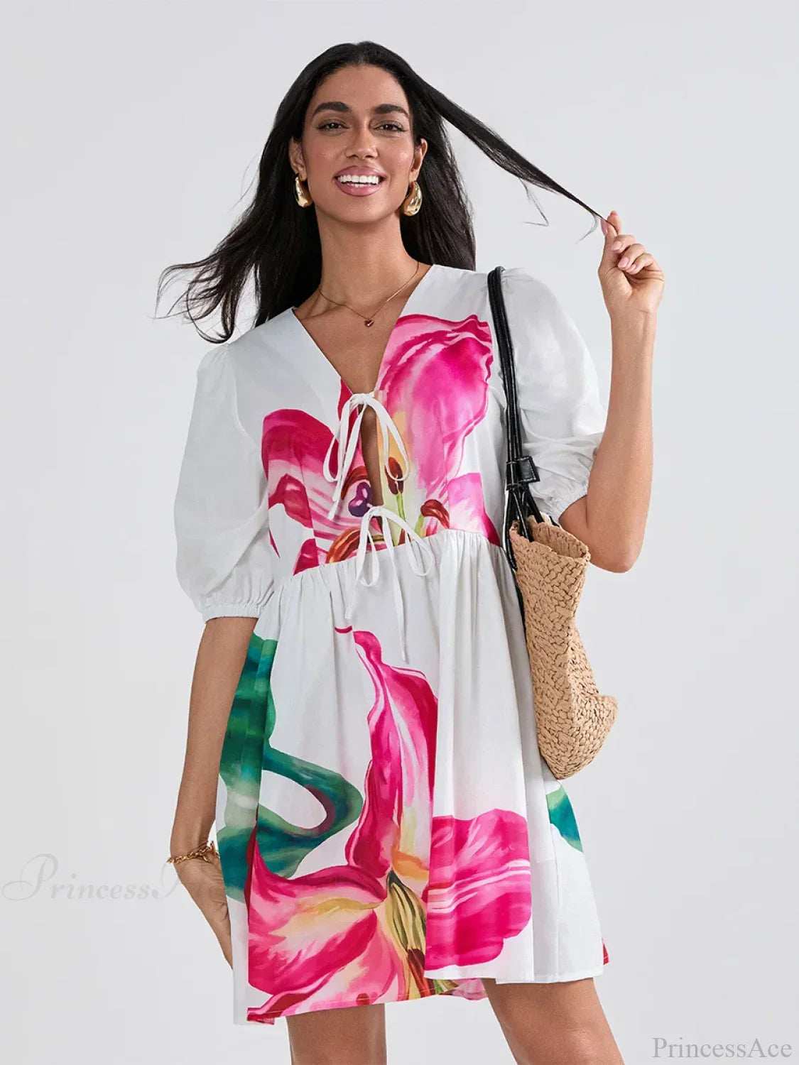 Mini-Kleid mit Puffärmeln, Schnürung und A-Linien-Schnitt, floral gemustert