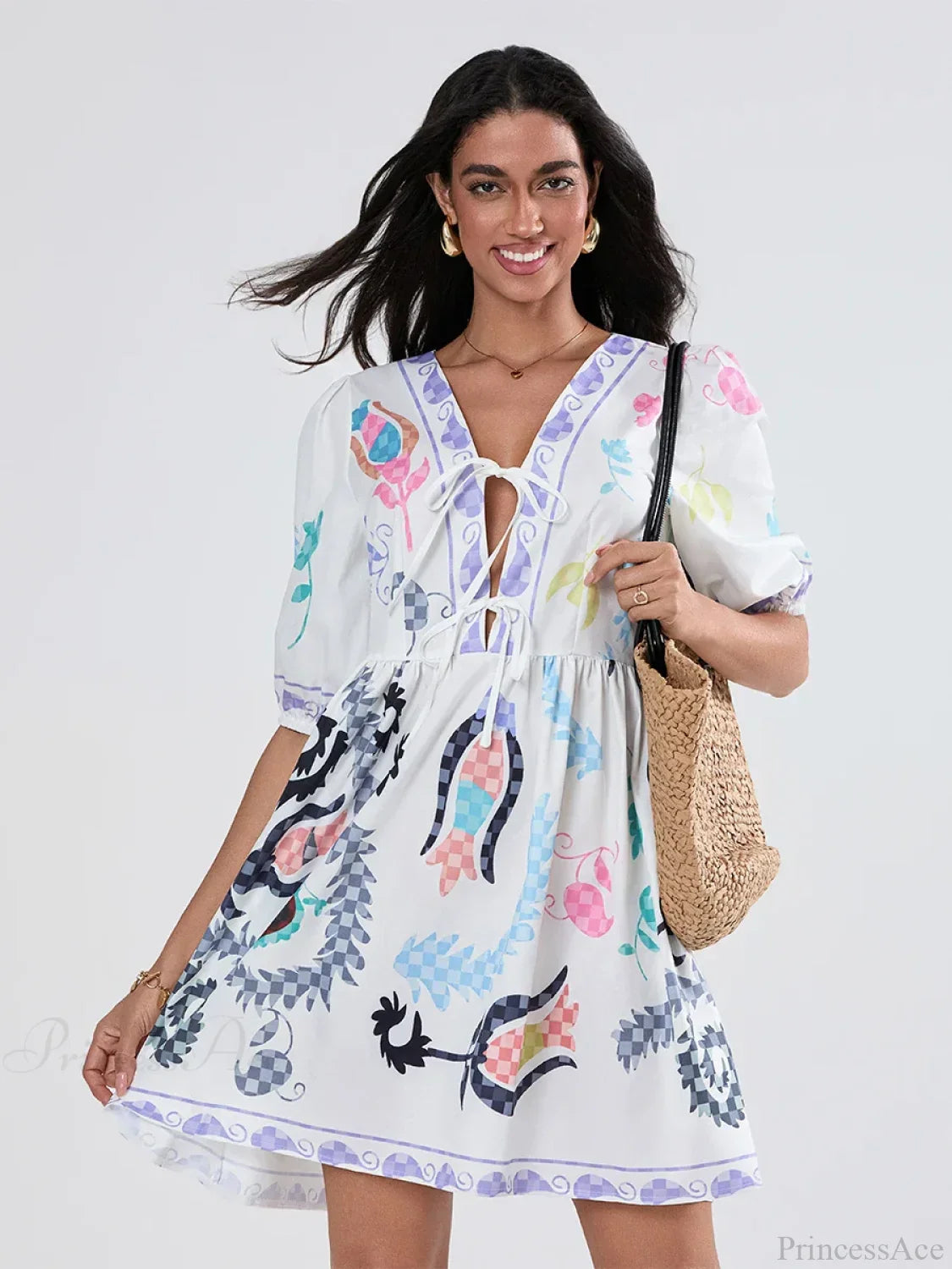 Mini-Kleid mit Puffärmeln, Schnürung und A-Linien-Schnitt, floral gemustert