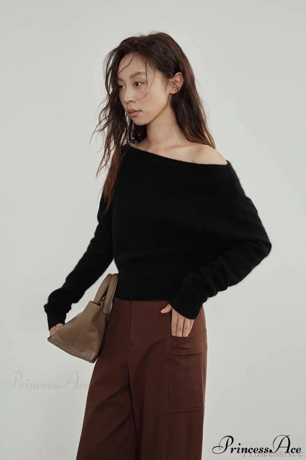 Raccoon Fur Off-Shoulder Cropped Slouchy Knit Top