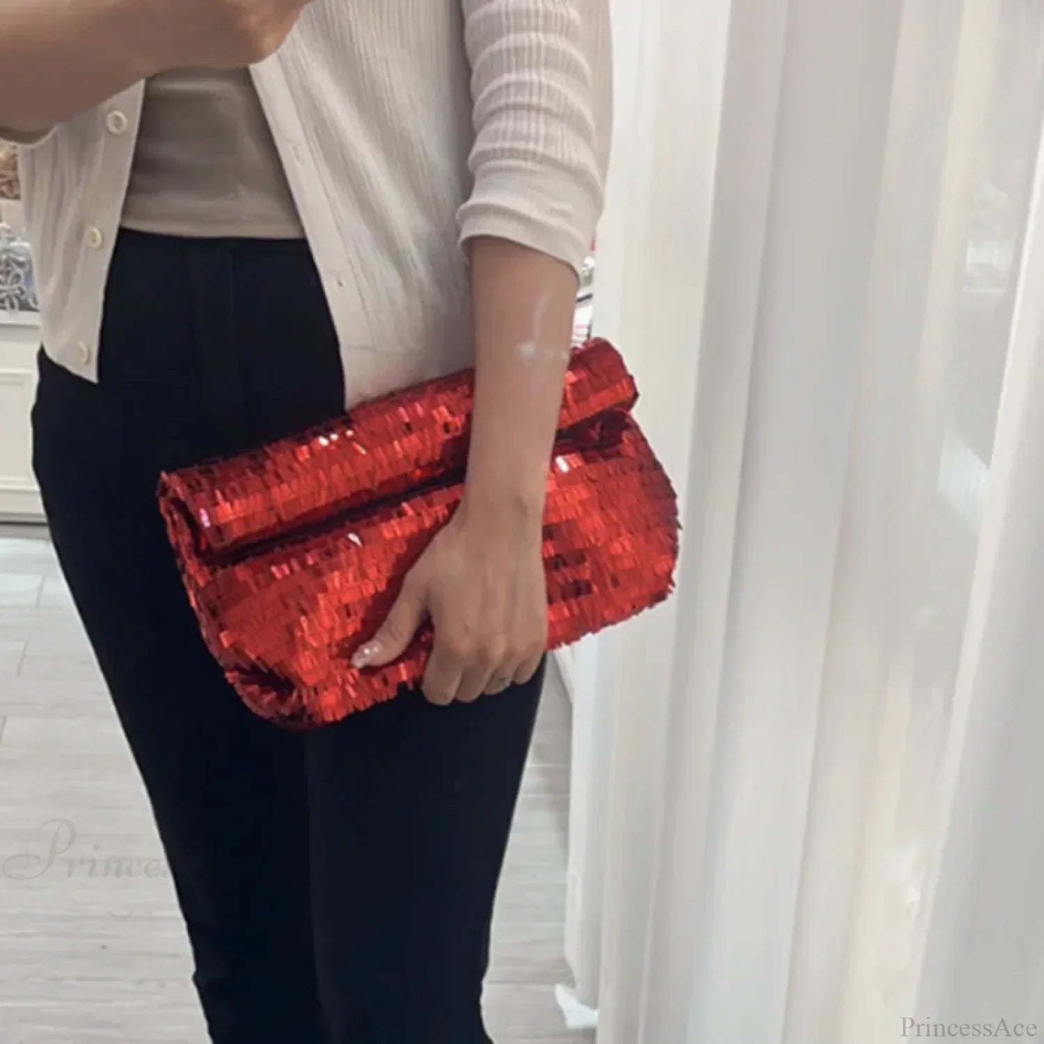 Red Sequin Leather Clutch Bag Wristlet