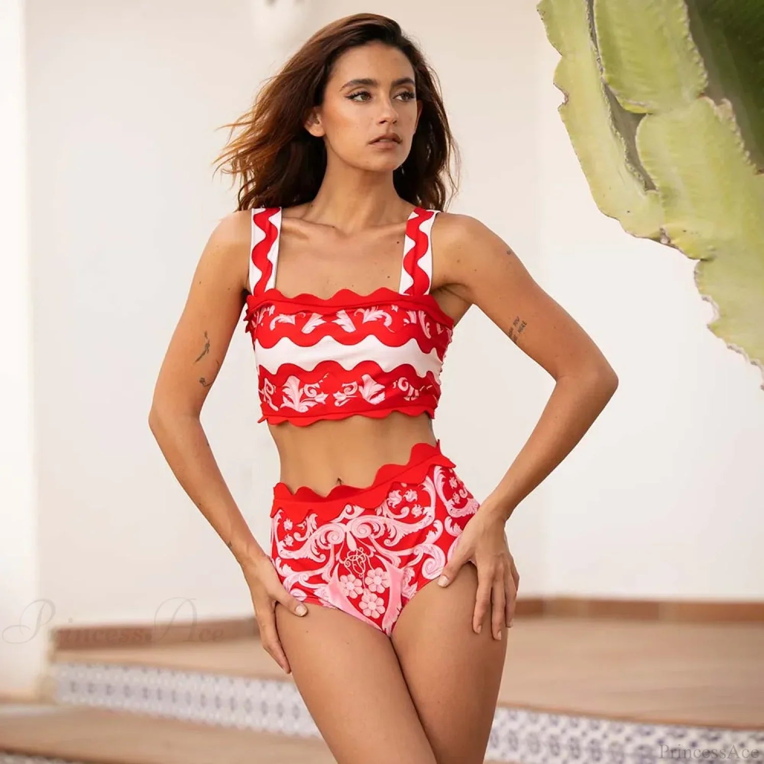 Red Wavy Stripes Skirt Two Piece Set