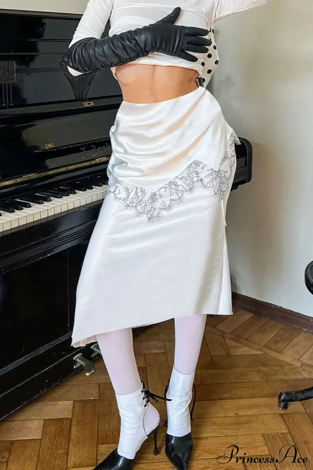 Retro Color Block Lace Panel Slim Skirt