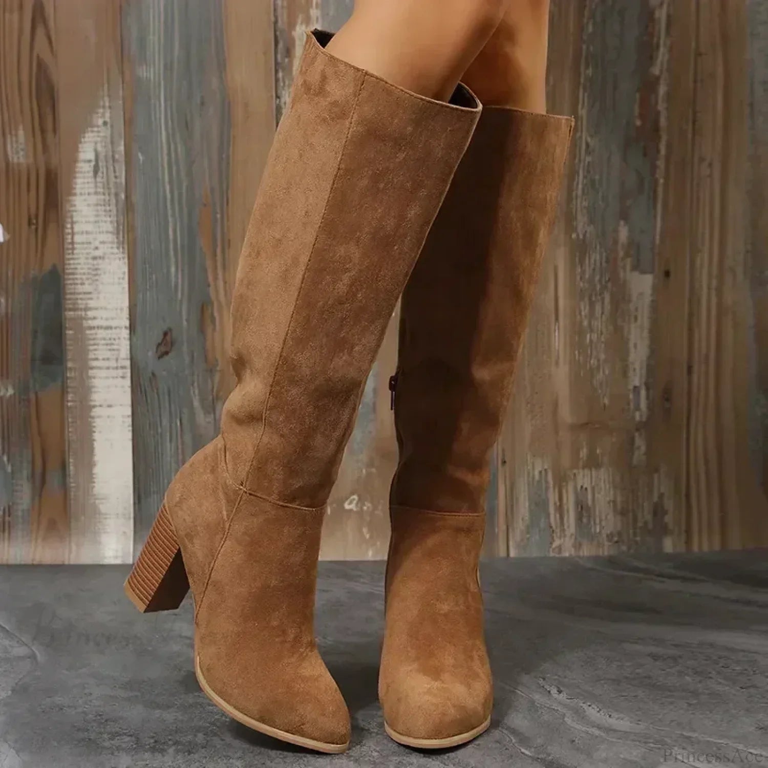 Retro High Heel Western Cowboy Chunky Winter Warm Plush Leather Suede Knee High Boot