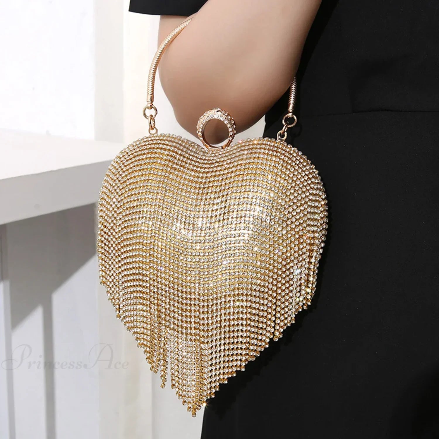 Bolso de mano plateado para noche con patrón de corazón de pedrería para boda y novia