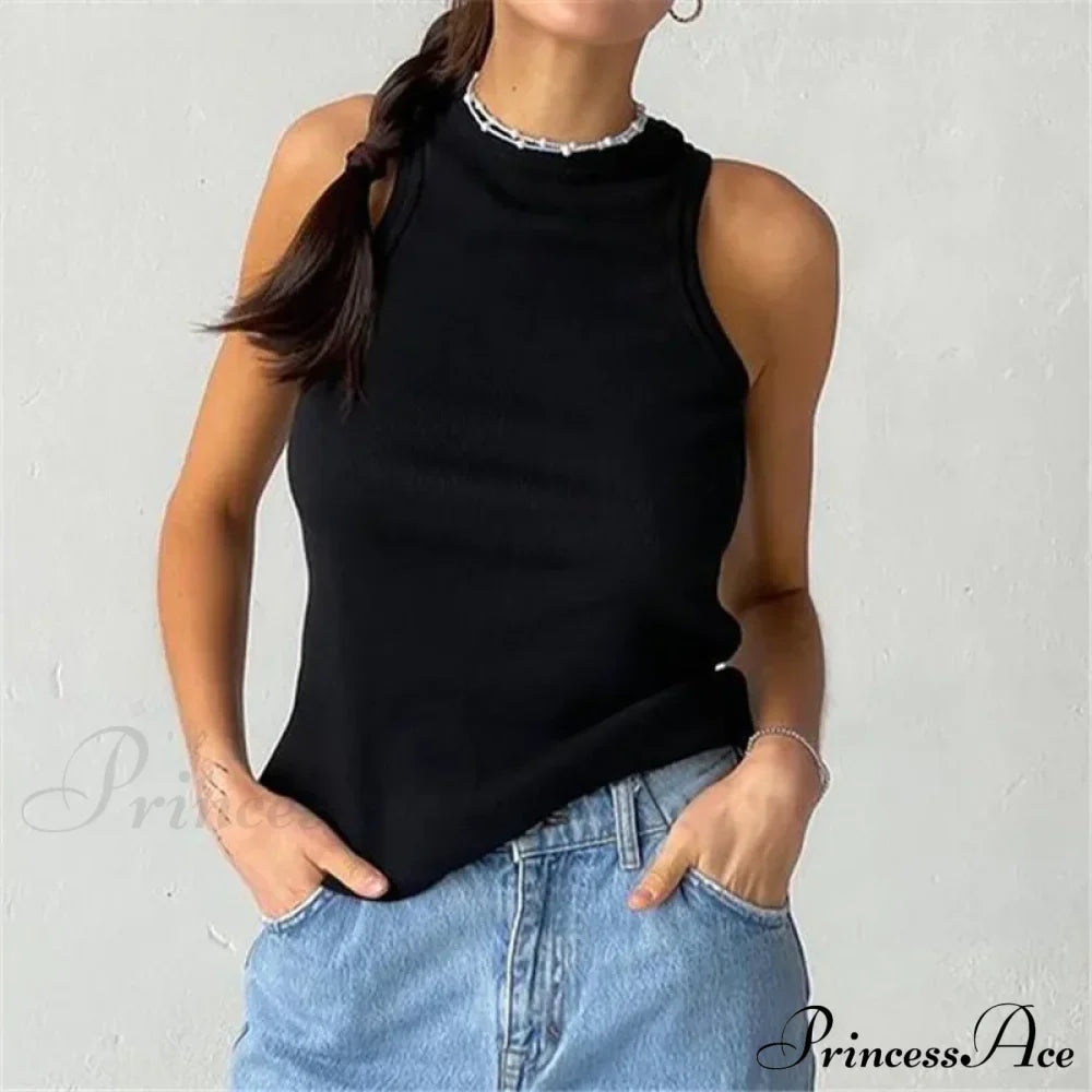 Ribbed Knitteds Neck Summer Shirts White Black Casual Sport Vest Off Shoulder Green Women's Tank top