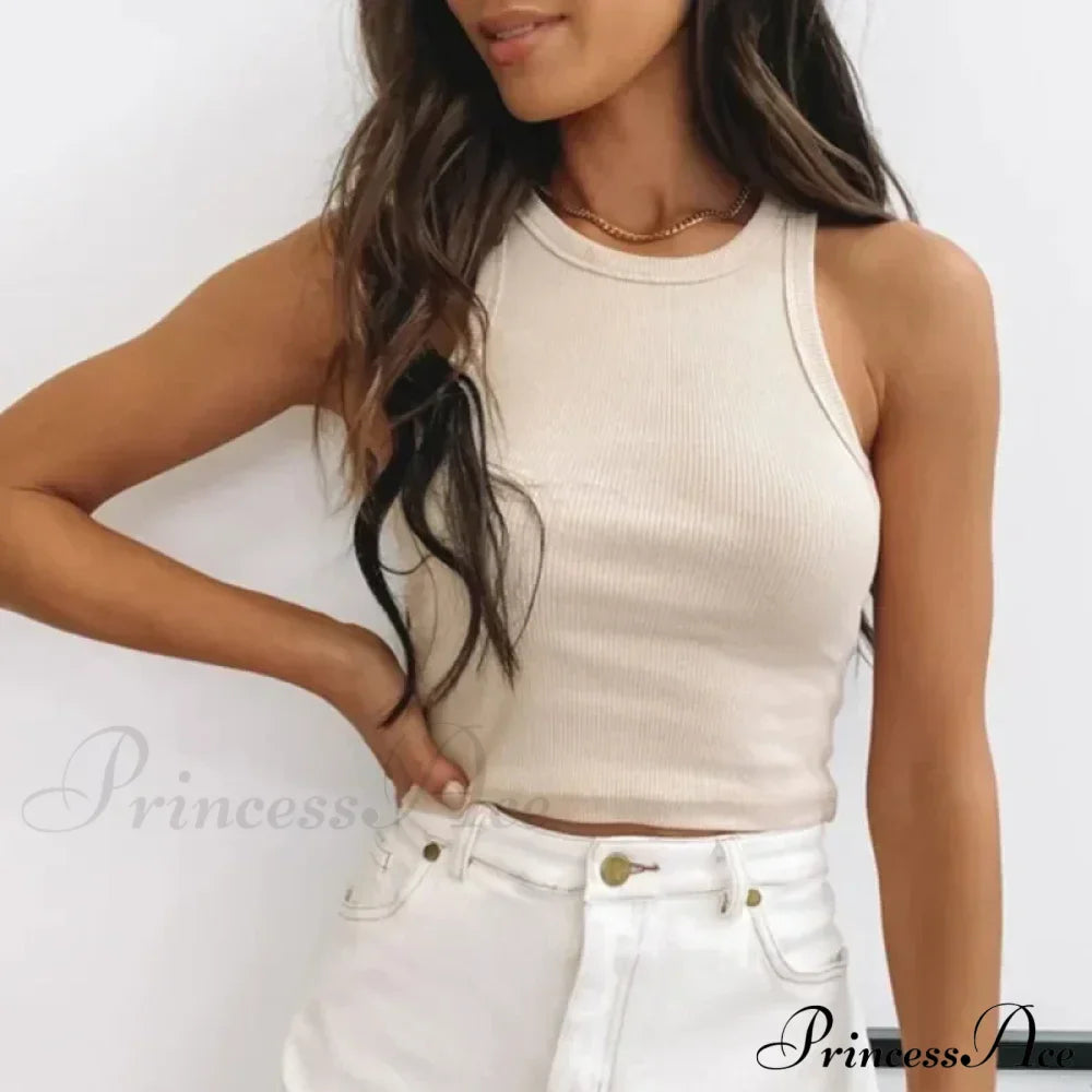 Ribbed Women White Summer Casual Fitness Short Vest Candy Knitted Off Shoulder Crop Women Tank top