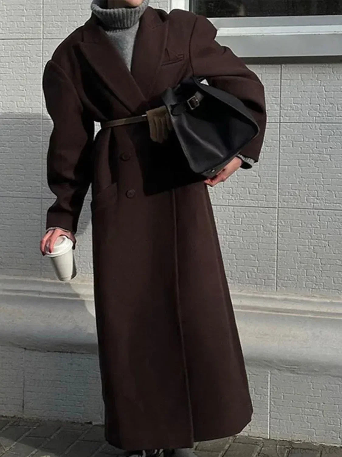 Ribbed Woolen Double-Breasted Overcoat