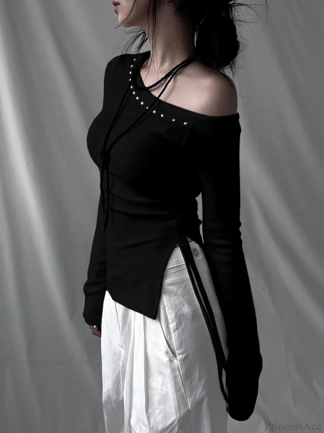 Rivet Skew Collar Knit Top