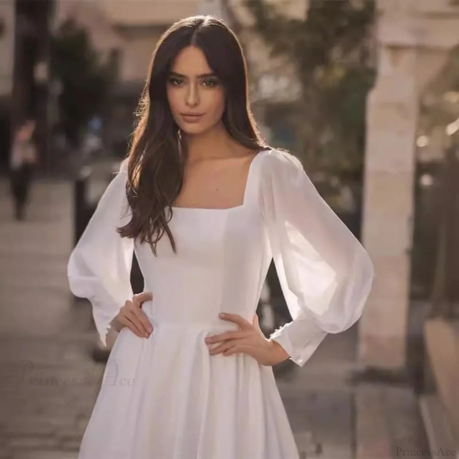 Satin Chiffon Sleeve Backless Wedding Dress