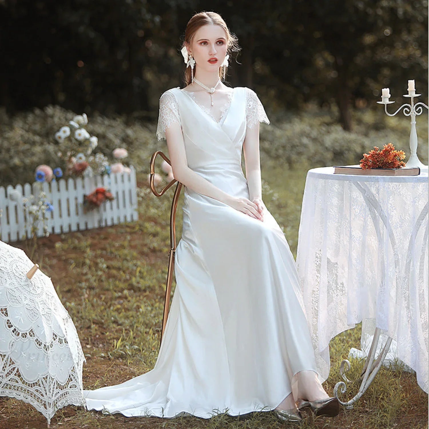 Satin V-Neck Lace Wedding Dress
