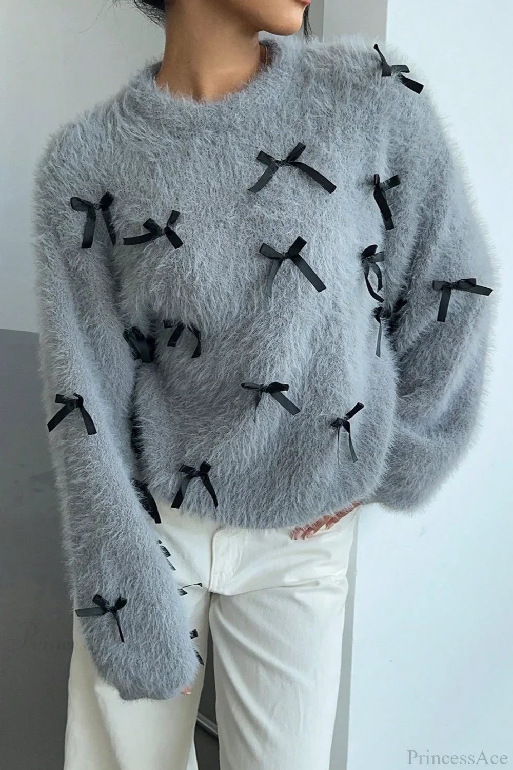 Seamoss Bow Decor Soft Crew Neck Loose Knit Sweater