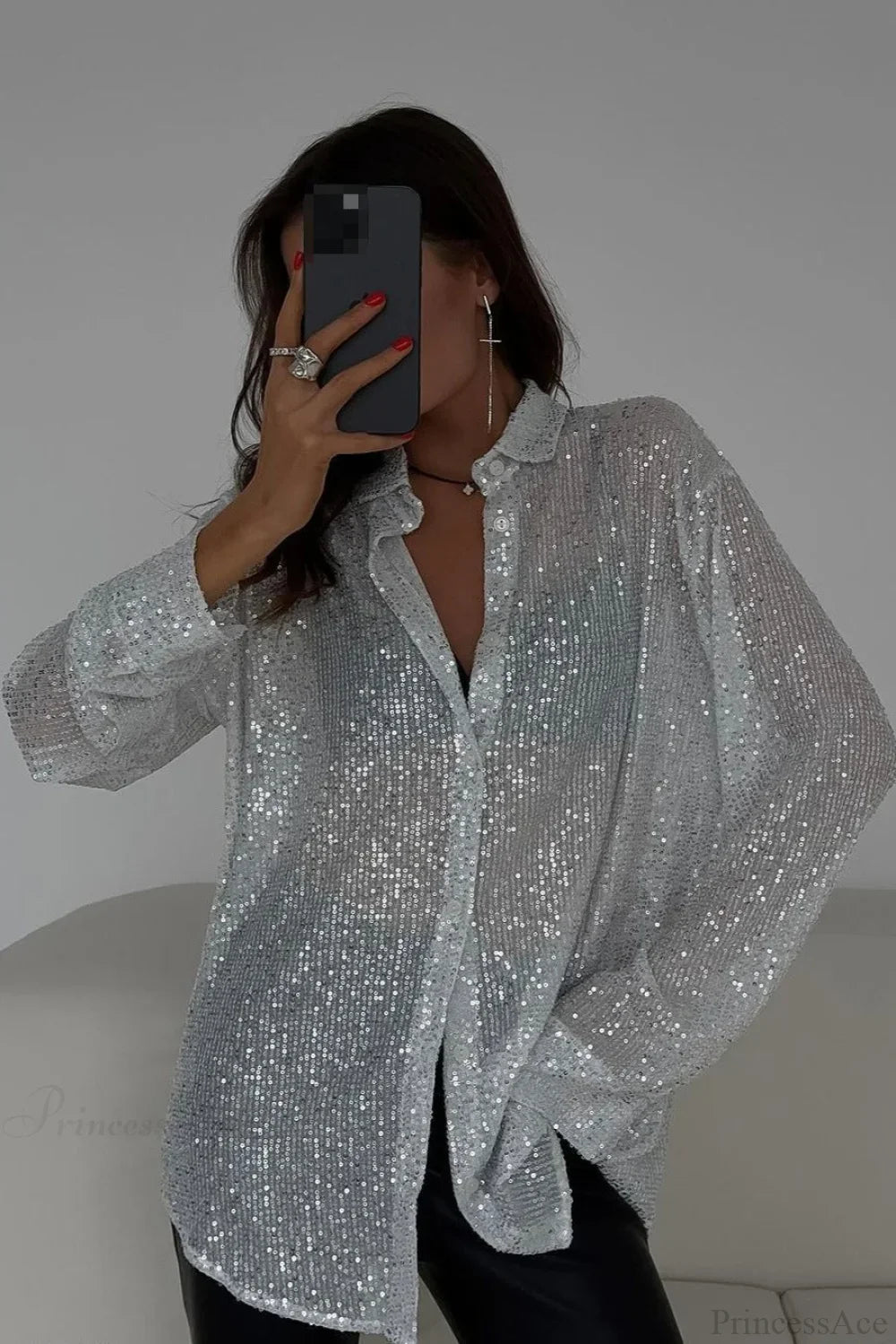 Sequins Long Sleeve Open Front Blouse