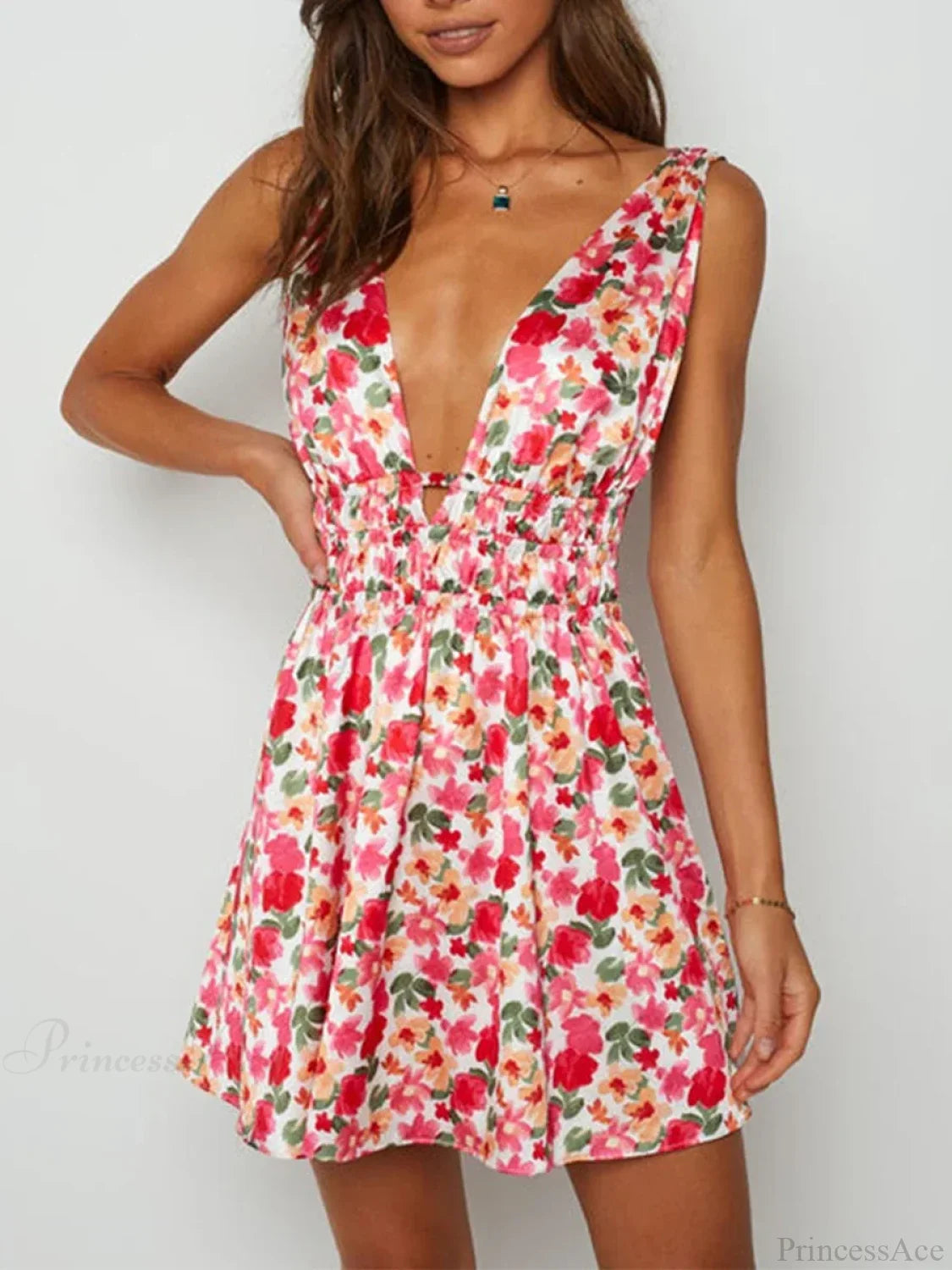 Vestito mini floreale sexy con scollo a V e schiena scoperta con stampa a fiori